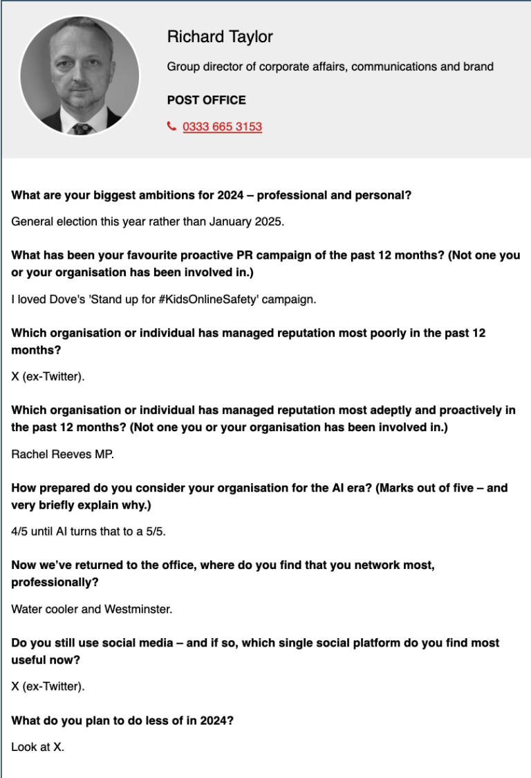 PR Week puts departed Post Office Comms Director in its “Power” Book