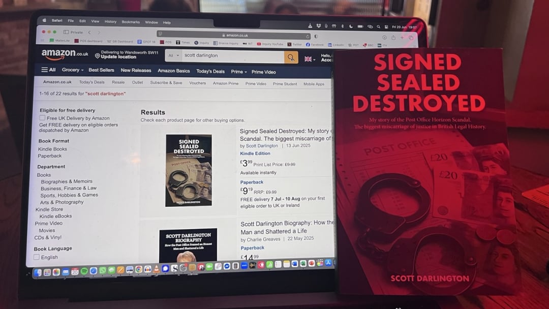 A picture of the Amazon listing for Scott Darlington's book Signed Sealed Destroyed alongside a paperback copy